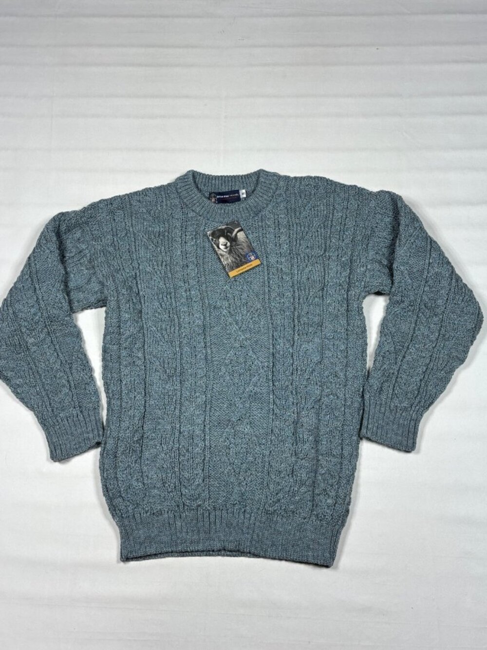 JM Cooper British Wool Cable Knit Crew Neck Sweater Blue Made In UK Men's Size S